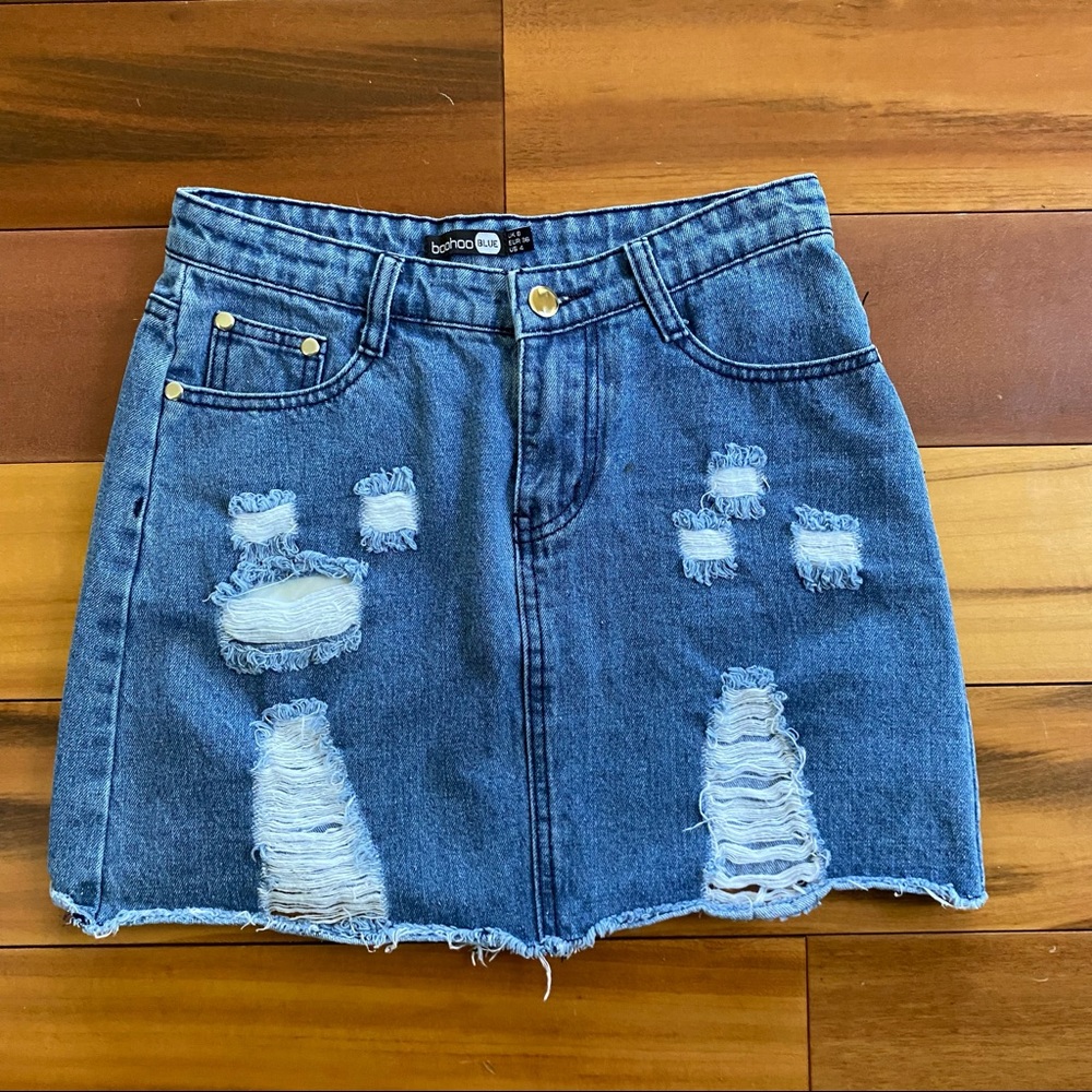 Boohoo Blue Distressed Denim Mini Skirt - Size 4